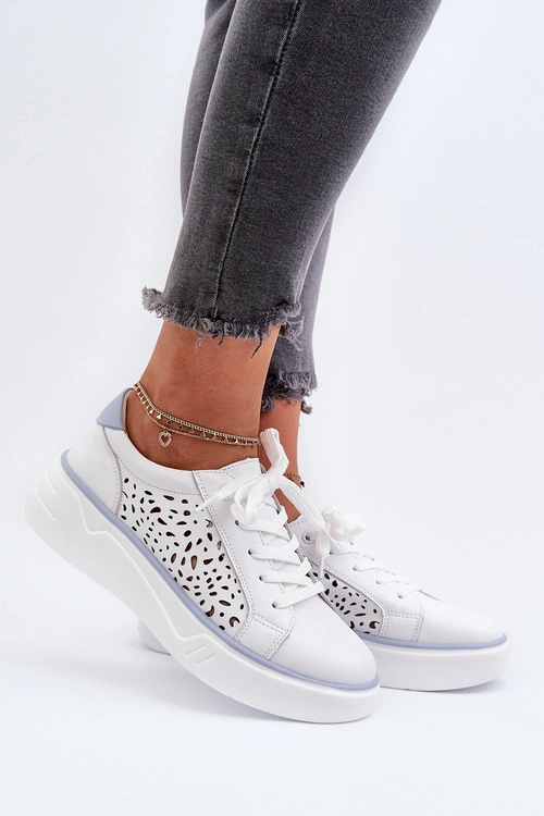 Ażurowe Sneakersy Damskie Na Platformie Skórzane Białe Peilaeno