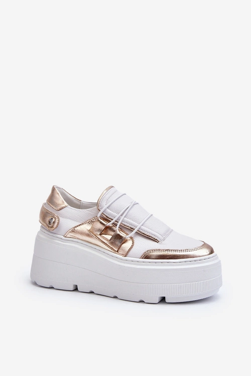 Zazoo 1833 Sneakersy Damskie Skórzane Na Masywnej Podeszwie Biało-Złote