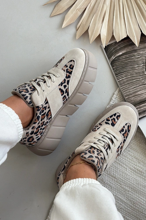 Zamszowe Ocieplane Sneakersy Damskie Na Masywnej Platformie Vinceza 66841 Panterka Beżowe