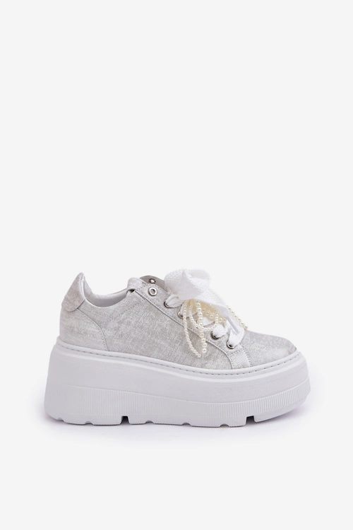 Skórzane Sneakersy Na Platformie CheBello 4658 Srebrne