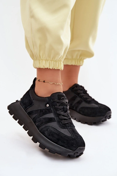 Skórzane Zamszowe Sneakersy Damskie Na Platformie Vinceza 41520 Czarne