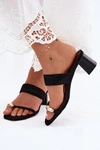 Klapki Damskie Na Słupku Ze Złotym Detalem Imitacja Zamszu Czarne Dakotelle