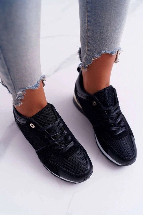 Sportowe Damskie Buty Siatka Zamsz Czarne Merido