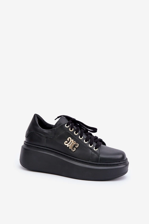 Sneakersy Ze Skóry Naturalnej Na Platformie Złota Ozdoba Lewski 3428 Czarne