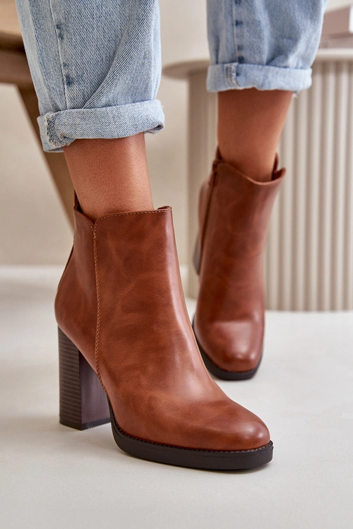 Ocieplane Botki Damskie Na Słupku Eko Skórzane Brązowe Teresine