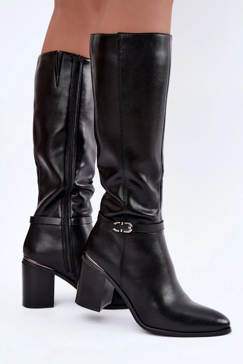 Ocieplane Kozaki Damskie Na Słupku Z Ozdobnym Paskiem Sergio Leone KZ-08 Czarne