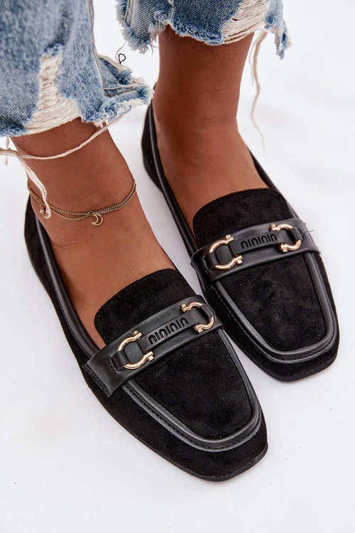 Mokasyny Loafersy Damskie Z Ozdobnym Elementem Czarne Evelora