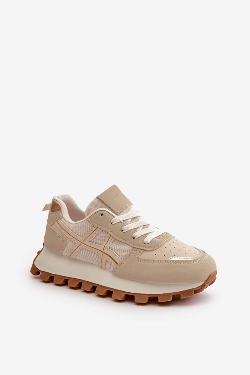 Sneakersy Buty Sportowe Damskie Sznurowane Na Platformie Beżowe Mialunae