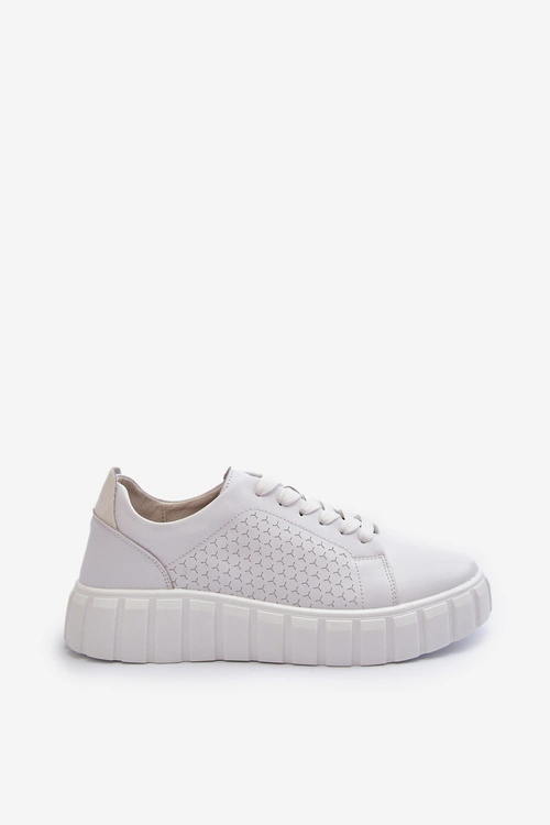 Skórzane Sneakersy Damskie Na Platformie Białe Eselmarie