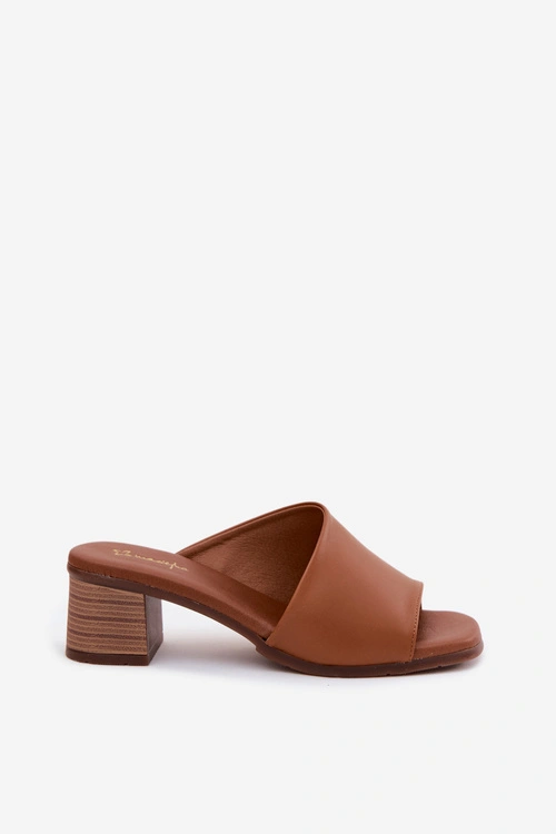 Skórzane Klapki Damskie Na Obcasie Maciejka E7395-29 Camel