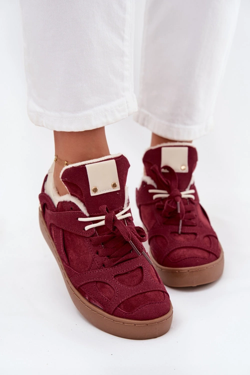 Sneakersy Damskie Na Platformie Ocieplane Futerkiem Bordowe Solvia