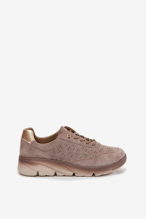 Skórzane Zamszowe Sneakersy Damskie Ażurowe Sergio Leone SP-002 Jasnobrązowe