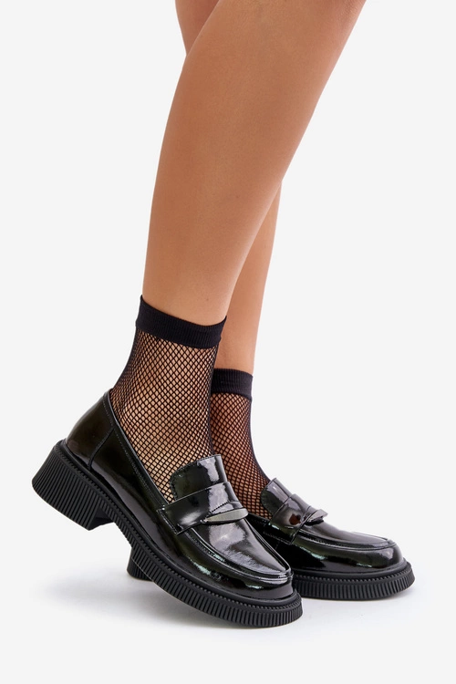 Lakierowane Mokasyny Loafersy Damskie Z Ozdobą D&A LZ42-031 Czarne