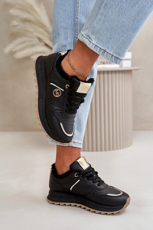 Buty Sportowe Damskie Ocieplane Futerkiem Na Platformie Czarne Lerisas