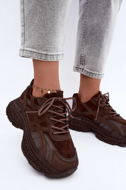 Sneakersy Damskie Ze Zdobieniem Czekoladowe Amselle