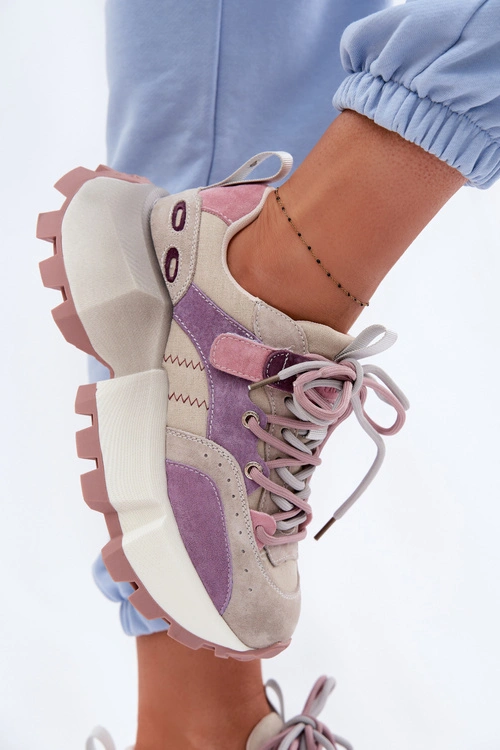 Skórzane Zamszowe Sneakersy Damskie GOE TT2N4026 Fioletowe