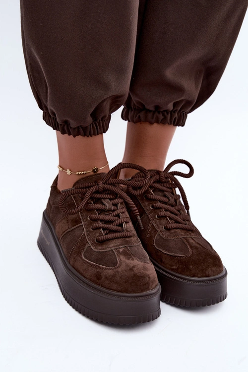 Skórzane Zamszowe Sneakersy Damskie Na Platformie Lee Cooper LCJ-26-01-4644 Czekoladowe