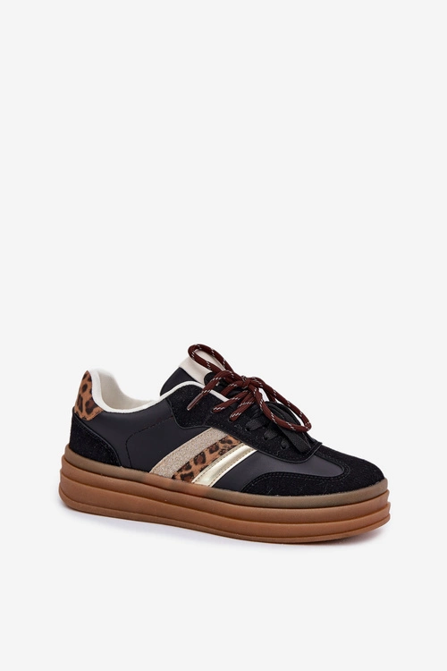 Sneakersy Damskie Na Platformie Z Podwójnym Sznurowaniem Panterka Czarne Niteria