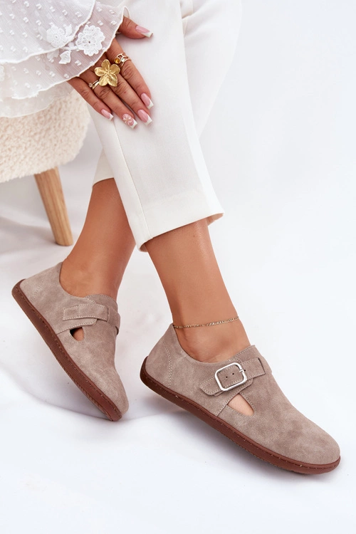 Zamszowe Półbuty Barefoot Damskie Z Klamrą Zazoo N1261 Beżowe