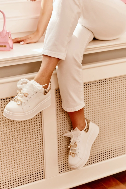 Sneakersy Damskie Na Platformie Z Przypinkami Białe Panterka Ocerdia