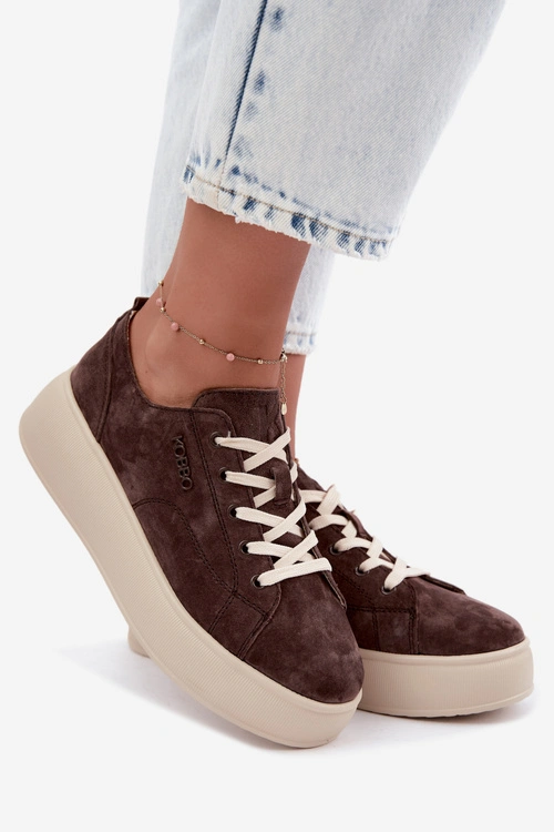 Skórzane Zamszowe Sneakersy Na Platformie Kobbo 41535 Czekoladowe