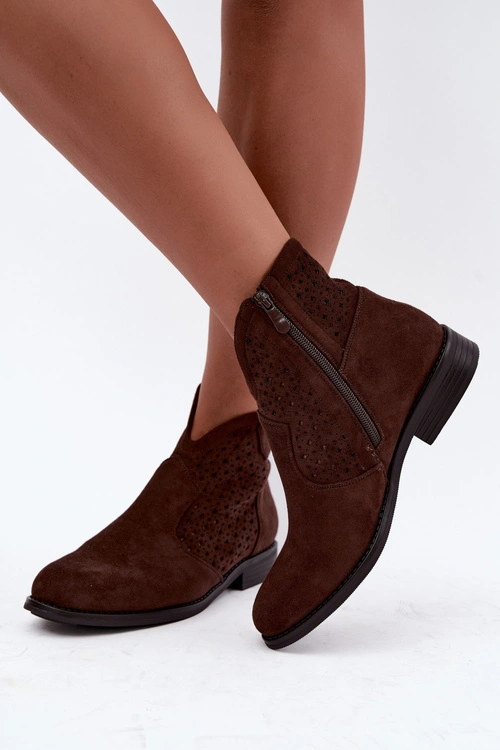 Botki Na Płaskim Obcasie Z Ażurową Cholewką S.Barski HY62-8151 Czekoladowe