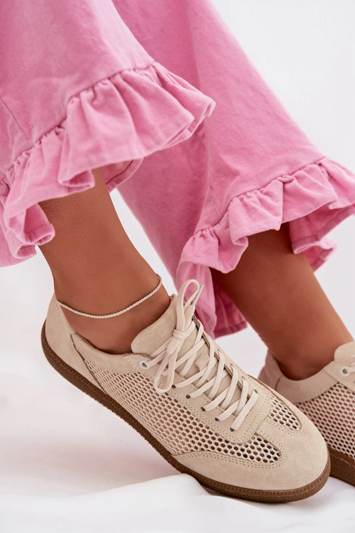 Skórzane Zamszowe Sneakersy Damskie Z Siateczką Zazoo N1142 Beżowe