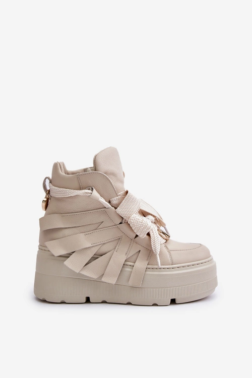 Skórzane Sneakersy Damskie Na Masywnej Platformie CheBello 4561 Beżowe