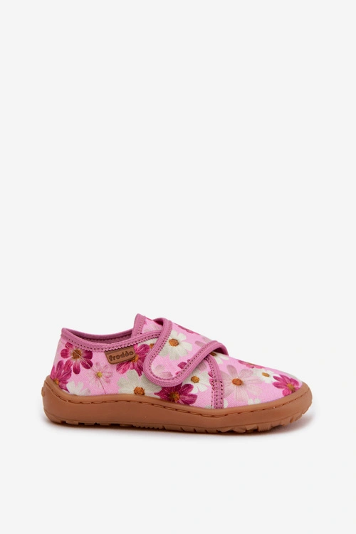 Kapcie Dziecięce Dziewczęce Na Rzep Barefoot Kwiatki Froddo G1700438-8 Różowe