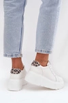 Skórzane Sneakersy Damskie Na Platformie Panterka Vinceza 89144 Białe