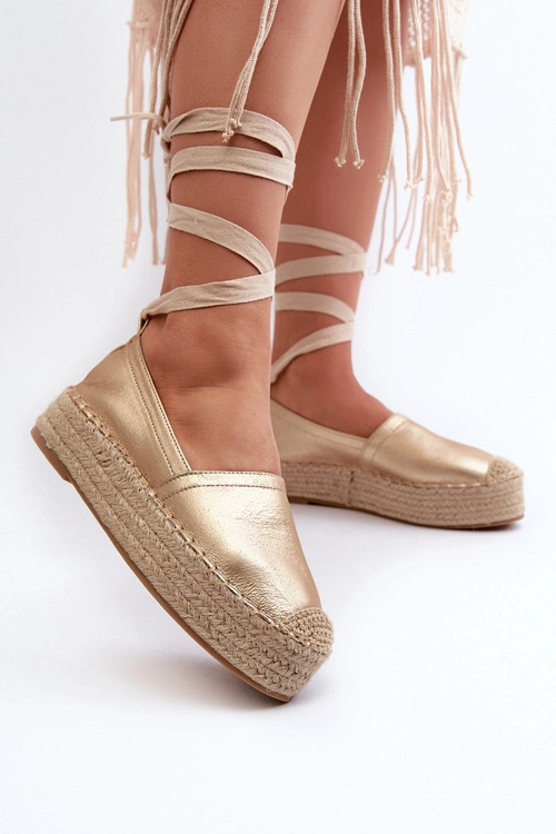 Espadryle Damskie Wiązane Na Platformie Z Plecionką Złote Tailesse