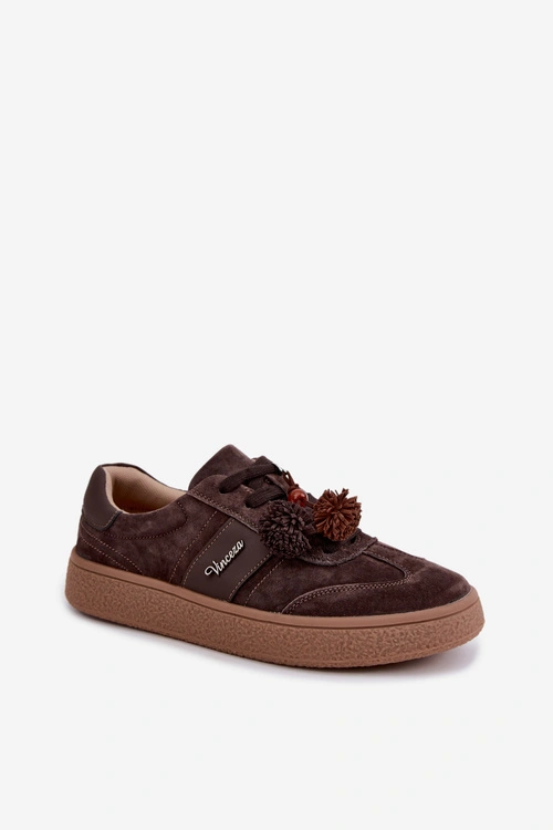 Skórzane Zamszowe Sneakersy Z Pomponami Vinceza 79682 Czekoladowe