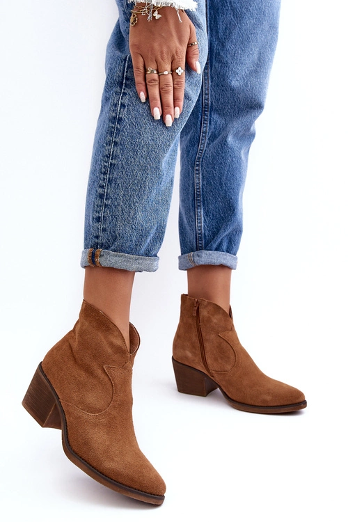 Zamszowe Botki Kowbojki Na Suwak D&A SN622-29 Camel