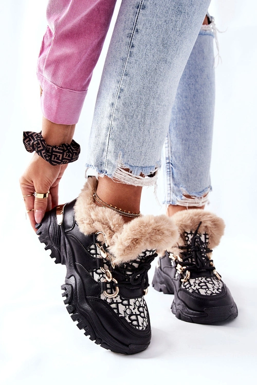 Damskie Ocieplane Sportowe Buty Czarne Heart Beats