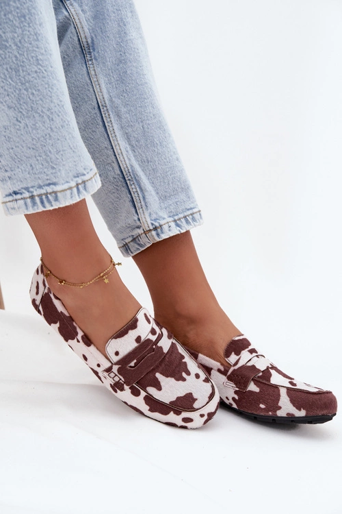 Loafersy Mokasyny Damskie Płaskie W Łaty Brązowo-Białe Roseline
