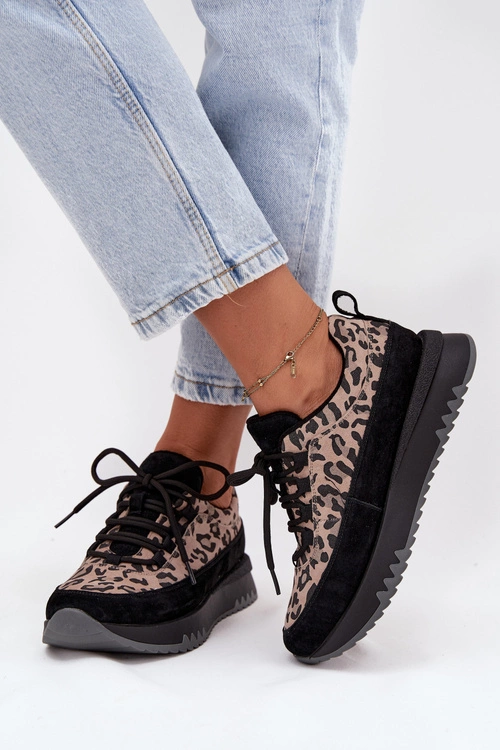 Zamszowe Ocieplane Sneakersy Damskie Na Platformie Vinceza 66836 Panterka Czarne