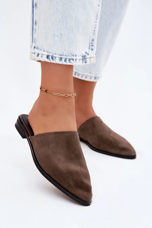 Skórzane Zamszowe Klapki Mule Damskie Płaskie D&A JC61-1004 Khaki