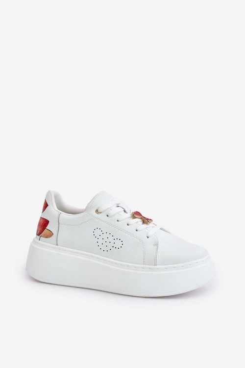 Skórzane Sneakersy Damskie Na Platformie Z Przypinką I Ozdobnym Kwiatem 89100 Białe