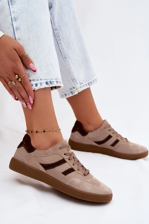 Skórzane Zamszowe Sneakersy Damskie Zazoo N1176S2 Ciemnobeżowe