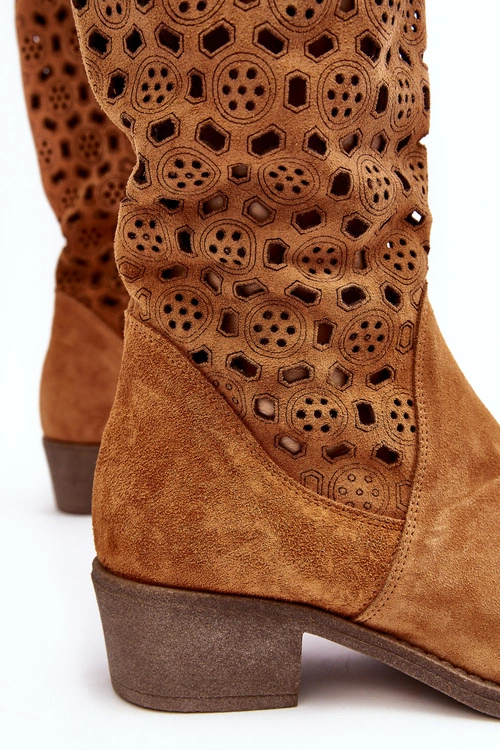 Ażurowe Kozaki Damskie Zamszowe Na Niskim Obcasie Camel Ndulu