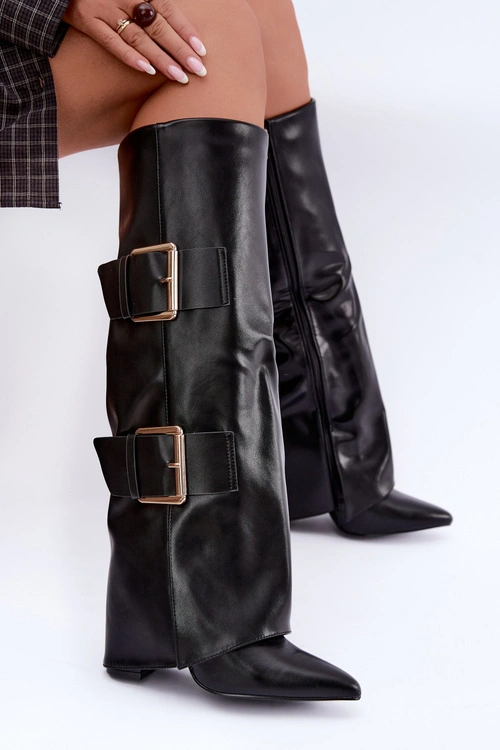 Ocieplane Kozaki Na Słupku Z Wywiniętą Cholewką I Złotymi Klamrami Czarne Olympe