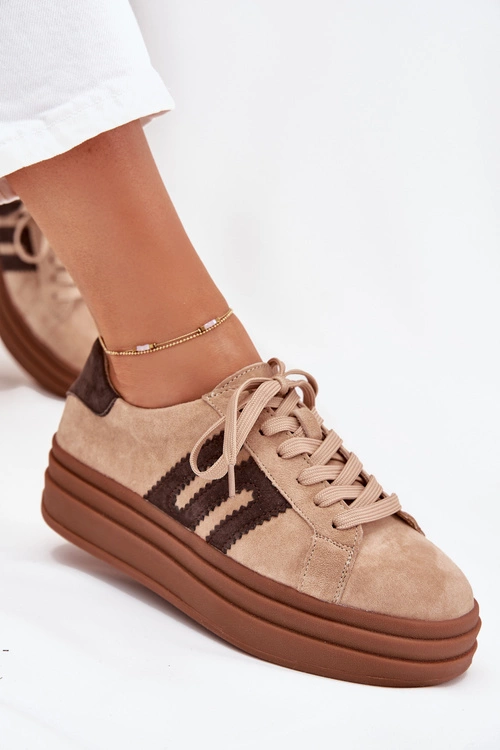Sneakersy Damskie Na Platformie Z Naturalnego Zamszu Beżowe Eldira