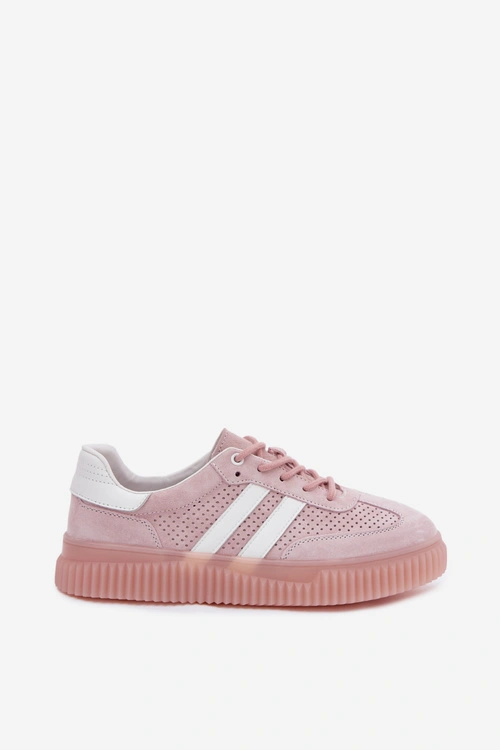Skórzane Zamszowe Sneakersy Damskie Na Platformie Różowe Artelle