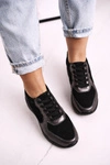 Damskie Skórzane Sneakersy Na Koturnie Czarne Srebrne Roxette