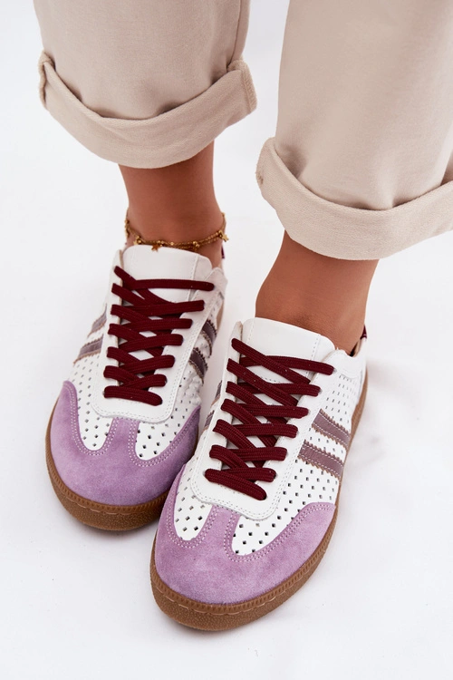 Skórzane Ażurowe Sneakersy Damskie Zazoo N1318 Biało-Fioletowe