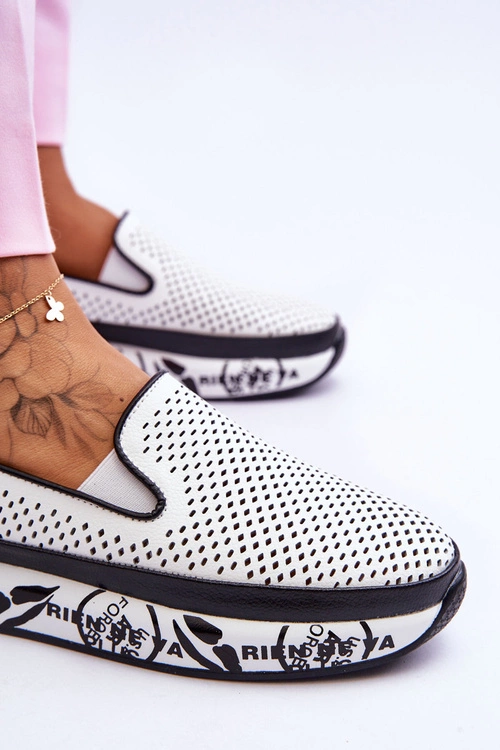 Damskie Ażurowe Skórzane Tenisówki Slip-On Białe Sorito