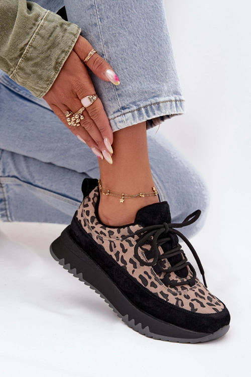 Zamszowe Ocieplane Sneakersy Damskie Na Platformie Vinceza 66836 Panterka Czarne