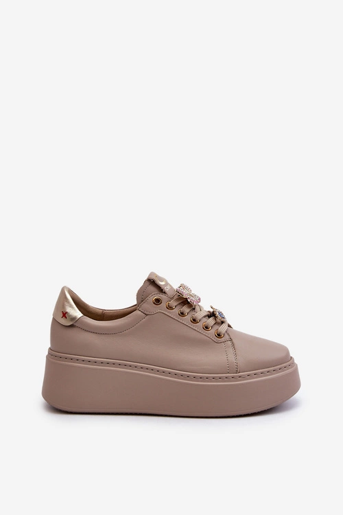 Damskie Skórzane Sneakersy Z Ozdobami CheBello 4292 Beżowe