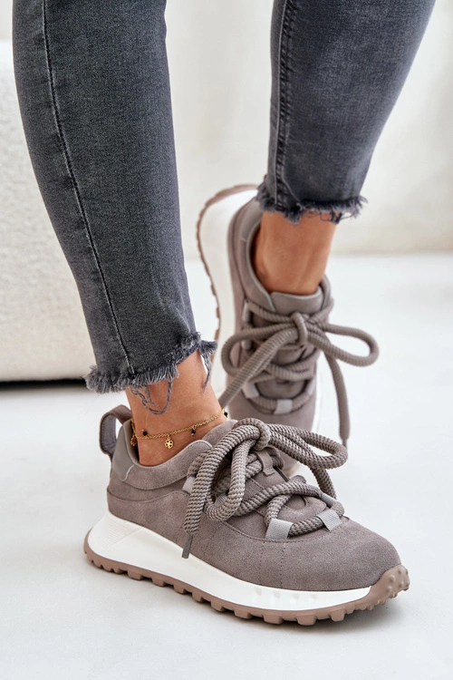 Zamszowe Sneakersy Damskie Z Grubym Sznurowaniem Artiker 54C1465 Szare