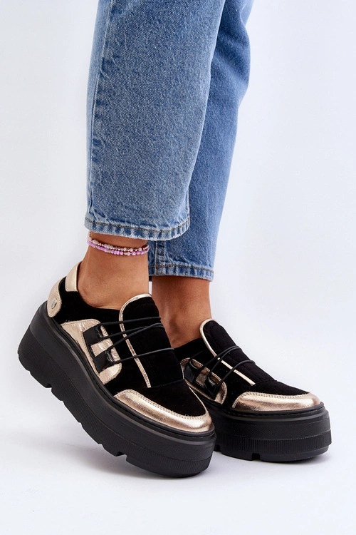 Zazoo 1833 Sneakersy Damskie Skórzane Na Masywnej Podeszwie Czarne